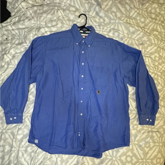 Men’s Blue Button-Up Shirt with Emblem - Tommy Hilfiger - Picture 1 of 3